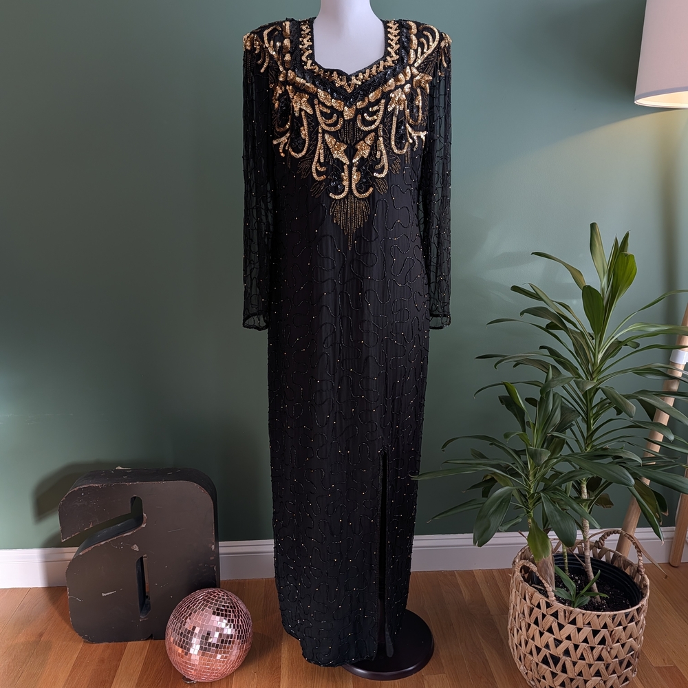 Laurence Kazar Black and Gold Beaded Gown